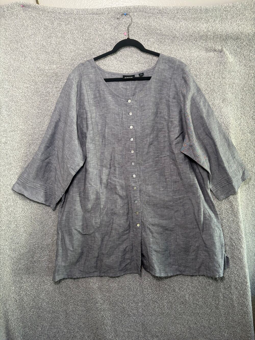 Avenue 26/28 Linen Tunic Blouse Gray Lagenlook Button Front